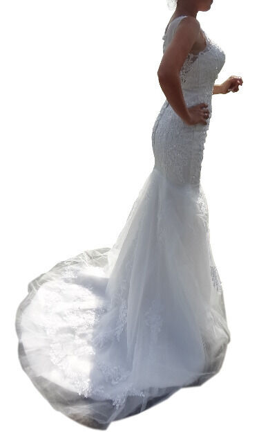 34-40 Kleid Hochzeitskleid Brautkleid DH3037 weiß Spitze Taille betont Gr XS-L 